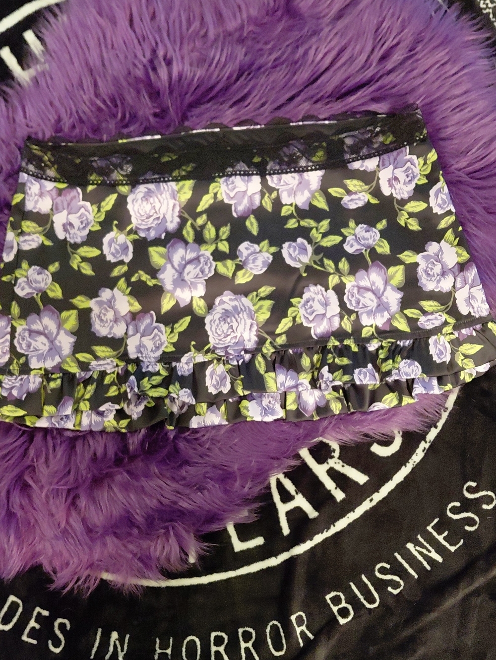 Betsy JohnsonDolls Kill Xxl Black Mini Skirt with Purple Rose Print Shorts Under